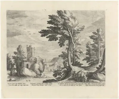 Landschap met het embleem van de ezel beladen met lekkernijen