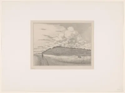 Landschap met heuvel en rivier met zeilboot