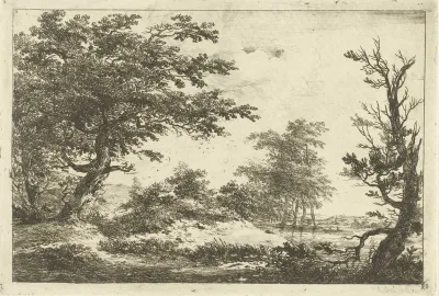 Landschap met heuvel, water en bomen
