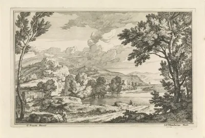 Landschap met heuvels en een toren op de achtergrond