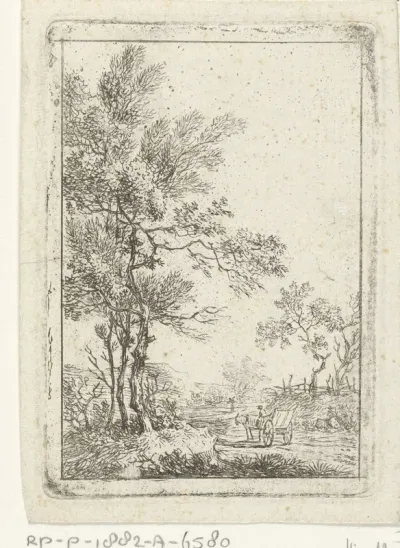 Landschap met hoge boompartij en paard en wagen