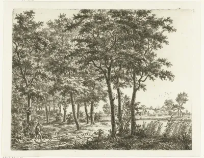 Landschap met hond en man die een takkenbos draagt