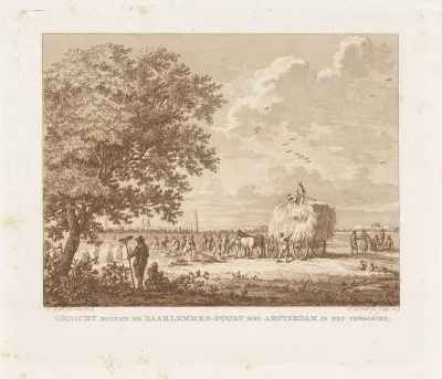 Landschap met hooiende boeren met Amsterdam aan de horizon