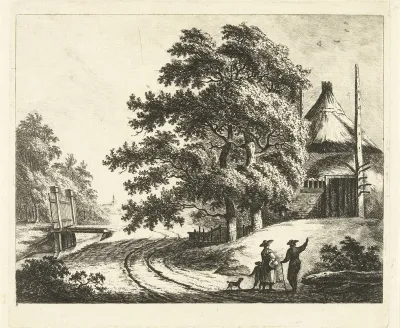 Landschap met hooimijt op terp aan weg langs sloot