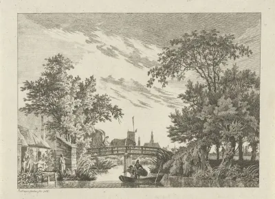 Landschap met hooiwagen op een brug