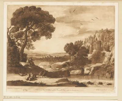 Landschap met houten brug en Tempel der Sibylle