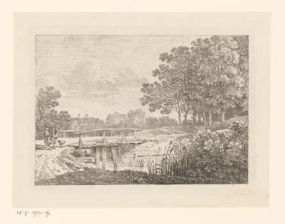 Landschap met houten brug en twee figuren