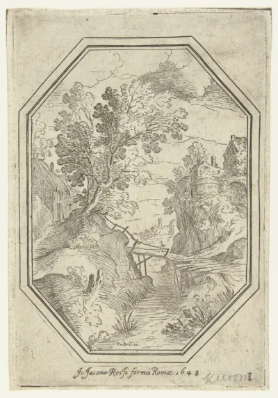 Landschap met houten brug in octagonaal kader