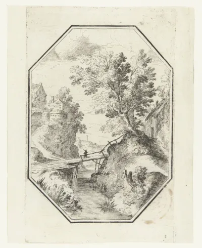 Landschap met houten brug in octagonaal kader