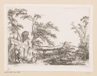 Landschap met houten brug over water, links een vrouw die was ophangt