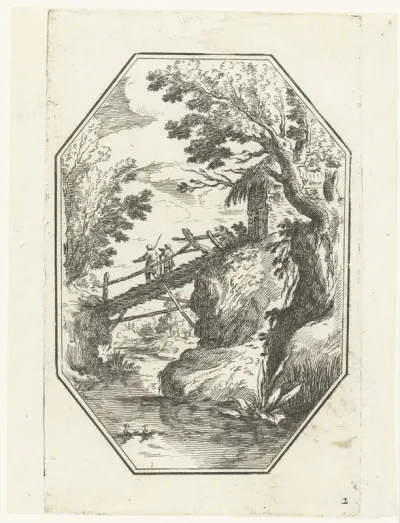 Landschap met houten bruggetje in octagonaal kader