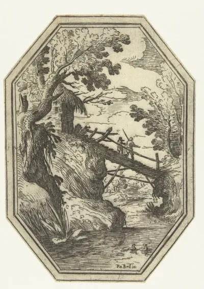 Landschap met houten bruggetje in octagonaal kader