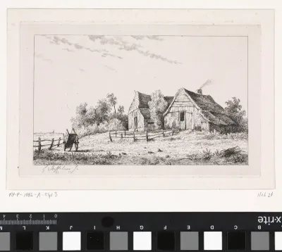 Landschap met houten huizen en een kar