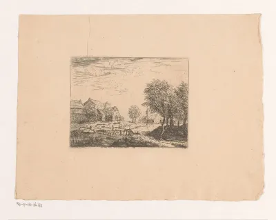 Landschap met houten loopbrug richting een dorp