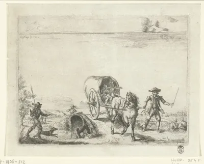 Landschap met huifkar over een brug