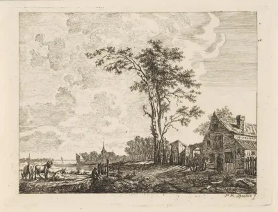 Landschap met huis aan een rivier
