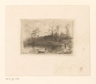 Landschap met huis aan een water met boot