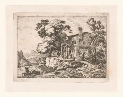 Landschap met huis aan het water