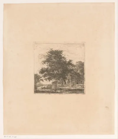 Landschap met huis en visser in een boot