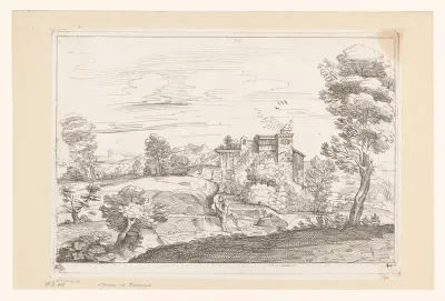 Landschap met huis en zittende figuur