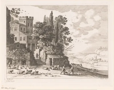 Landschap met huis, figuren en vee