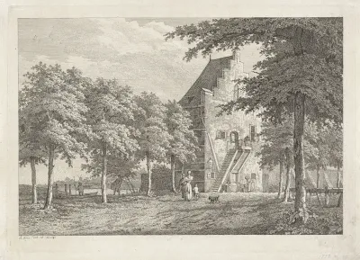 Landschap met huis met hoge trap naar de eerste verdieping