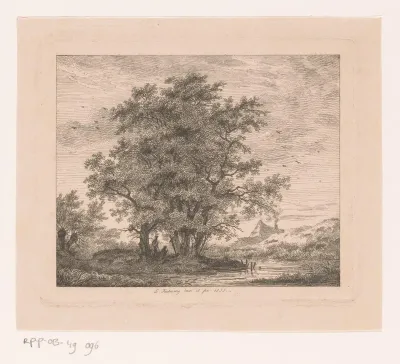 Landschap met huis op de achtergrond en twee figuren bij een kruis