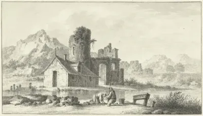 Landschap met huis voor ruïne en op de voorgrond twee figuren