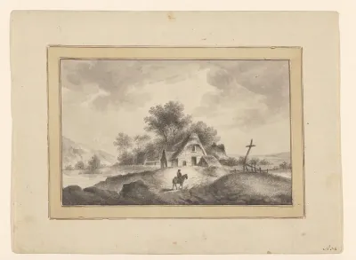 Landschap met huisje en een ruiter te paard