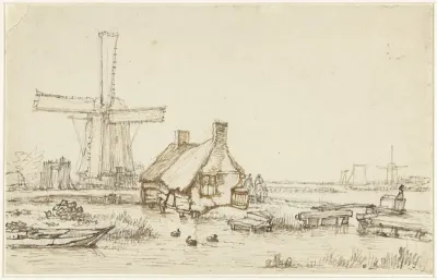 Landschap met huisjes en windmolen