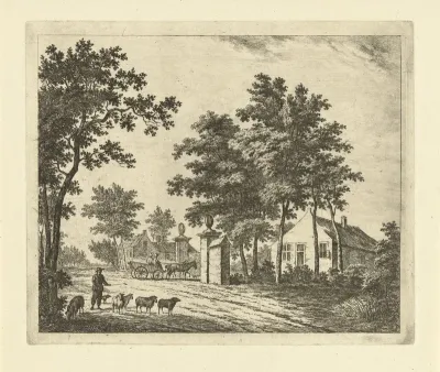 Landschap met huizen aan landweg en herder met kudde schapen