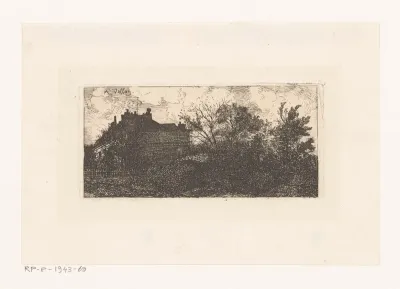 Landschap met huizen achter een hek en bomen op de voorgrond