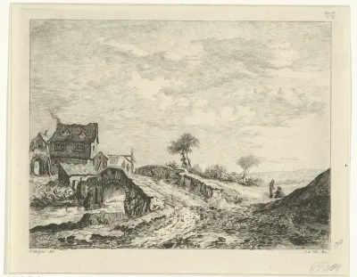 Landschap met huizen bij een brug