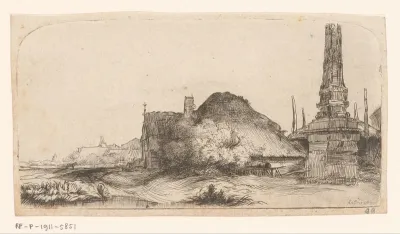Landschap met huizen bij een obelisk