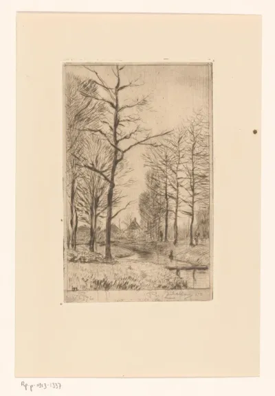 Landschap met huizen, bomen en beek