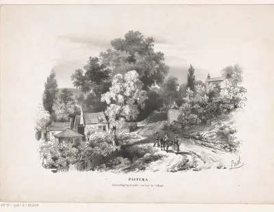 Landschap met huizen, drie figuren en een ezel