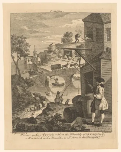 Landschap met huizen, een brug, vissers en kerk in onjuist perspectief