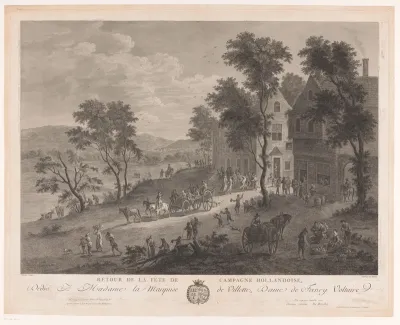 Landschap met huizen en boeren