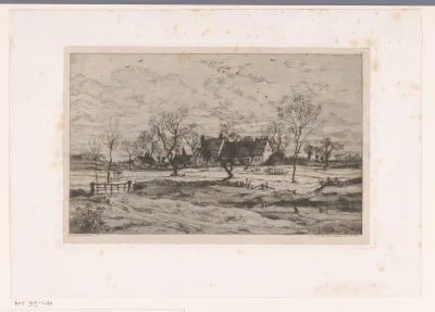 Landschap met huizen en een beek