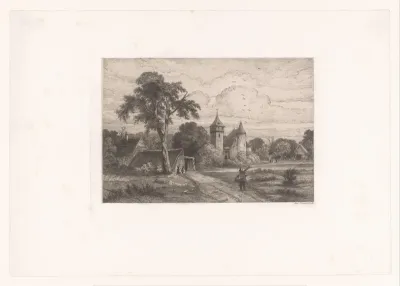Landschap met huizen en een kasteel