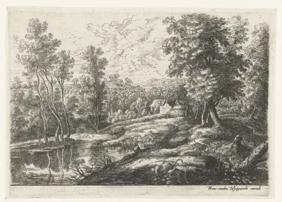 Landschap met huizen en een kerk omring door een muur