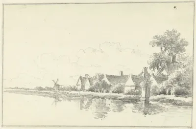 Landschap met huizen en een molen aan het water