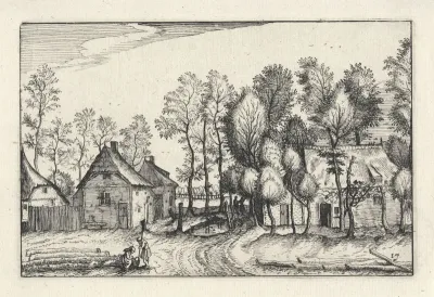 Landschap met huizen en gekapte bomen
