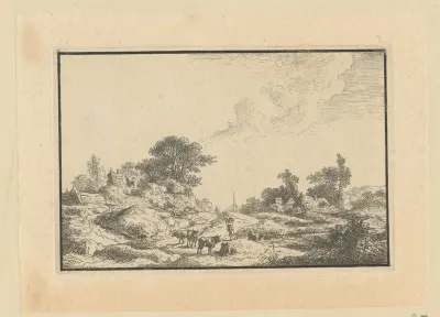 Landschap met huizen en herder met runderen