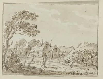 Landschap met huizen en heuvels