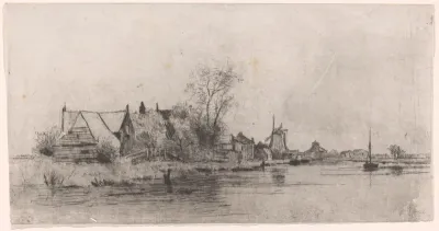 Landschap met huizen en molen aan het water