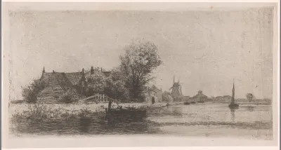 Landschap met huizen en molen aan het water