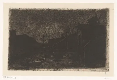 Landschap met huizen en molen bij avond