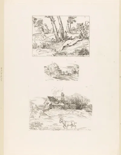 Landschap met huizen en op de voorgrond een bok