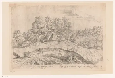 Landschap met huizen en op de voorgrond een slapende man